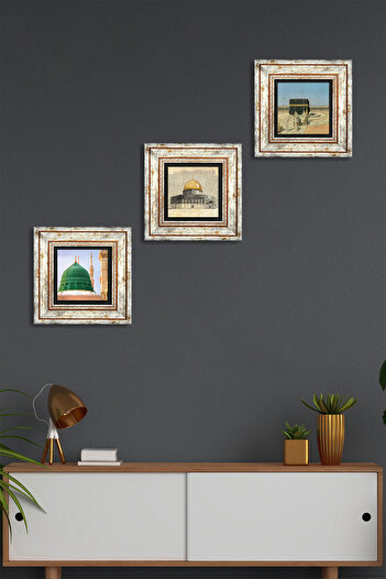 Pinecone Kaaba-I Muazzama, Masjid-I Aqsa, Ravza-I Mutahhara Stone Wall Painting Framed Wall Decoration 3 Piece Painting