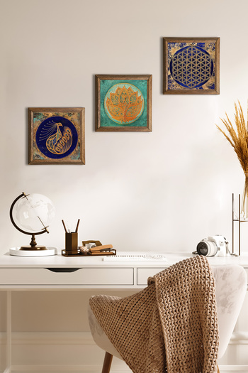 Pinecone Lotus Flower, Peacock, Flower of Life Stone Wall Painting Wood Framed Wall Decor Set of 3 Paintings