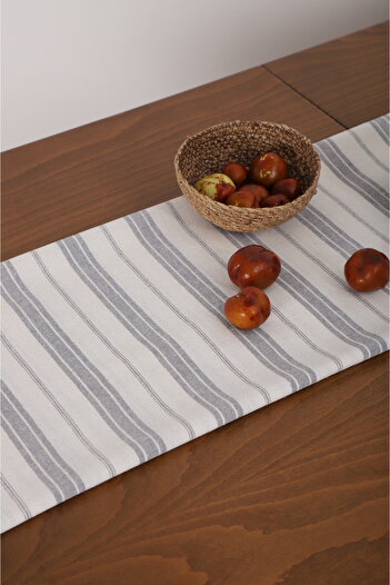 KAMİZ Organic Washed Light Gray Striped Linen Runner 40x150 Cm