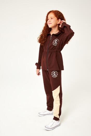 Perendi Beverly Hills Embroidery Detailed Girl's Suit Brown