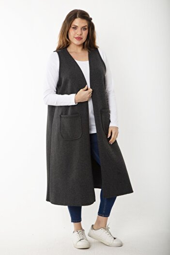 Şans Women's Large Size Smoked Stitching Fabric Long Sleeveless Cap with Pockets 65N37178
