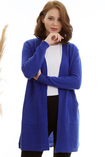 CoolLook V-neck Long Sleeve Non-Closing Comfortable Cut Double Pocket Lycra Over-the-Knee Midi Length Knitwear Cardigan