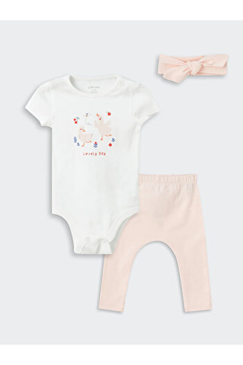 LC Waikiki LCW Baby Crew Neck Short Sleeve Printed Baby Girl Snap Body Pants and Headband Set of 3