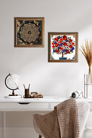 Pinecone Sri Yantra, pictură pe perete din piatră de pom de rodie, decor de perete cu rame din lemn, set de pictură din 2 piese -W2-175-