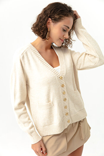 Lafaba Women's Beige Gold Buttoned Knitwear Cardigan