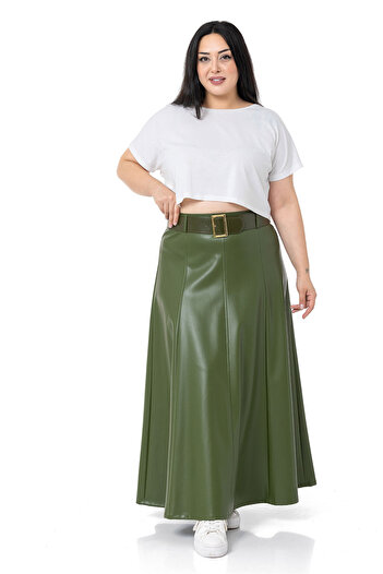 DISENTIS MODEST Large Size Long Khaki Leather Skirt with Belt