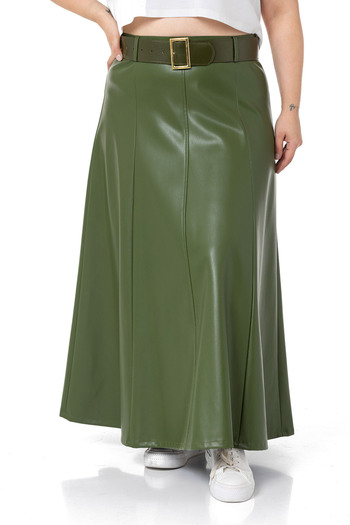 DISENTIS MODEST Large Size Long Khaki Leather Skirt with Belt