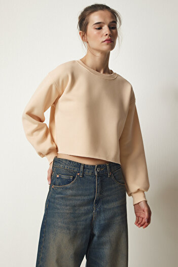 Happiness İstanbul Dámská krémová pletená mikina Crew Neck Raised Crop BF00085