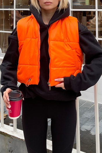 Trend Alaçatı Stili Women's Orange Stand Collar Double Pocket Full Filling Waist Adjustable Puffer Vest ALC-X7994