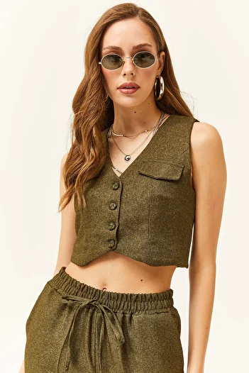 Olalook Women's Khaki Lined Buttoned Winter Vest with Accessory Pockets