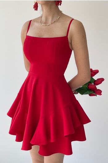 vuvutasarım Red Mini Evening Dress with Layered Detail - Thin Straps, Cotton Atlas Fabric 102