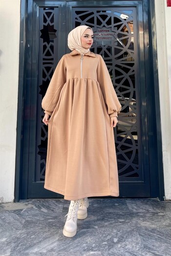 Şule Giyim Sütlükkahve Zippered Three Yarn Dress