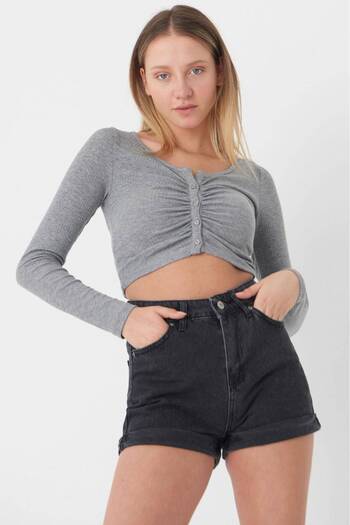 Addax Gathered Front Buttoned Crop Blouse B1123-l2