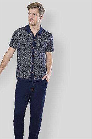 Doreanse Erkek Lacivert Desenli %100 Pamuklu Gömlek Pijama Takımı 4566