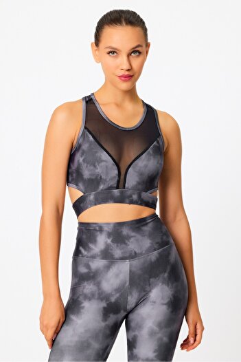 GRAB Gray Tie Dye Pattern Tulle Detailed Sports Bra