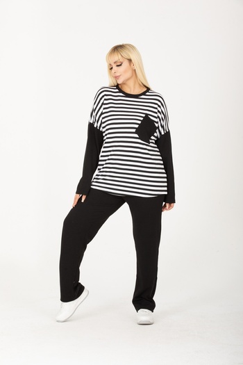xlargebutik PLUS SIZE WOMEN'S CLOTHING TWO THREAD COMBED FABRIC BLACK AND WHITE STRIPED SUIT