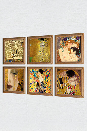 Pinecone Gustav Klimt Stone Wall Painting with Wood Frame Wall Decor 6 Piece Painting Set Wall Art