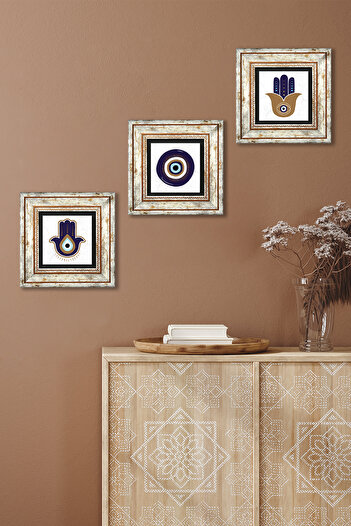 Pinecone Fatma Mother Hand (Hamsa), Nazar Stone Wall Painting Framed Wall Decor 3 Piece Painting Set Tk3-1725