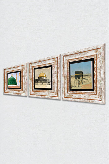 Pinecone Kaaba-I Muazzama, Masjid-I Aqsa, Ravza-I Mutahhara Stone Wall Painting Framed Wall Decoration 3 Piece Painting