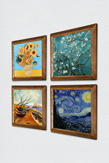 Pinecone Van Gogh Stone Wall Painting with Wood Frame Wall Decor 4 Piece Painting Set Wall Art W4-71