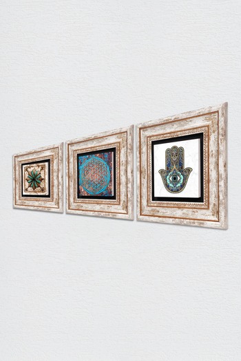 Pinecone Flower of Life, Moroccan Pattern Vintage, Fatma Mother Hand (Hamsa) Stone Wall Painting Framed Wall Decor