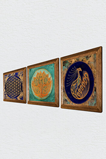 Pinecone Lotus Flower, Peacock, Flower of Life Stone Wall Painting Wood Framed Wall Decor Set of 3 Paintings