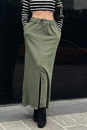 Madmext Khaki Green Women's Midi Skirt with Slit Detail on the Front Mg1614
