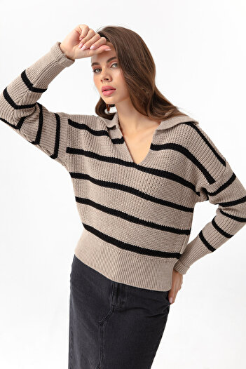 Lafaba Women's Mink Polo Neck Striped Knitwear Sweater