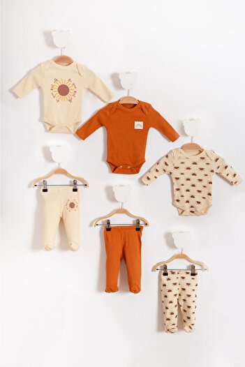Bubito Sun Patterned Combed Cotton Baby 3-Piece Bottom and Top Set, Mixed Colors