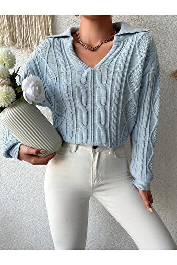 AQE FASHION Tricotat cu modele, decolteu polo, decoltat, detaliat, tricotaj, pulover Baby Blue