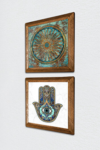 Pinecone Floarea vieții, Mâna Maicii Fatma (Hamsa) Pictură pe perete din piatră Decor de perete cu rame din lemn -W2-46-