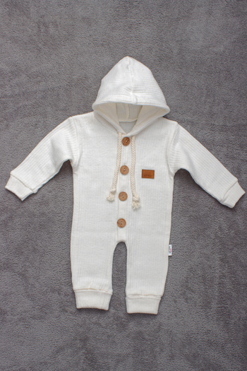 ADABEBEK 100% Cotton Wooden Buttoned Hooded Ribbed Style Hat Baby Rompers