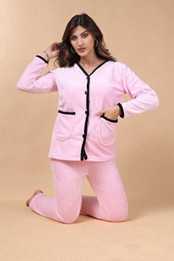 mervemoda Kadın Pembe soft kumaş yüksek kalite önden düğmeli cepli pijama takımı