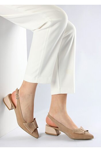 FORS SHOES Women's Beige Suede Bow Open Back Short Heeled Shoes 3.5 cm