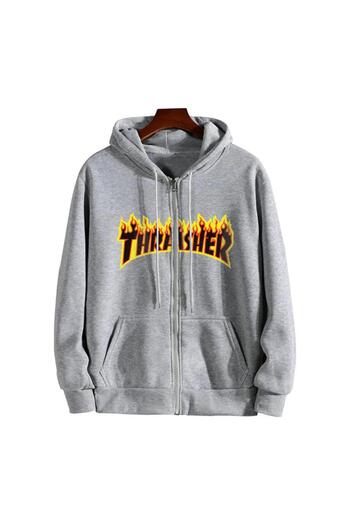Touz Сірий унісекс кардиган з капюшоном на блискавці з принтом Thrasher Oversize на блискавці