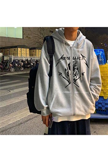 Touz Metallica Череп з принтом Oversize на блискавці Сірий унісекс кардиган з капюшоном