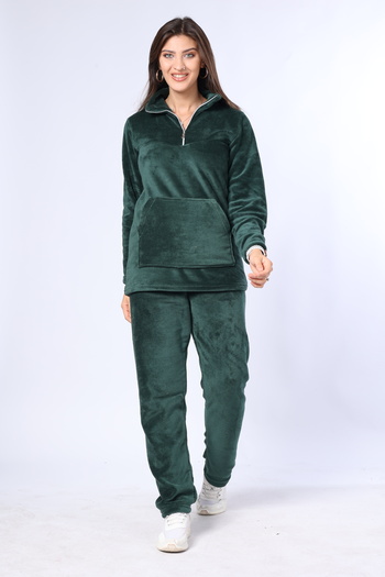 mervemoda Women's green collar zipper welsoft high quality fabric tracksuit double set