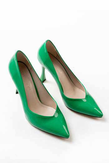 MASSOLE Green Patent Leather Stiletto Women's Heeled Shoes V Model New Season Style Heel Stylish Original Brand