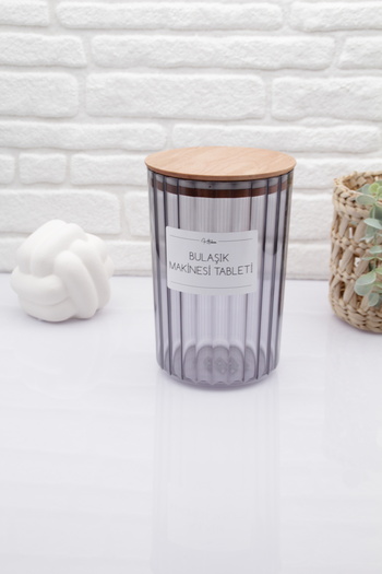 zezedesing Smoked Oval Striped Dishwasher Tablet Jar with Wooden Lid 2200ML
