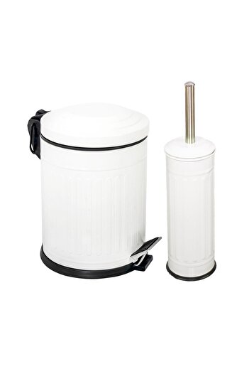tozlupazar Vintage 2 Liter Dustbin Trash Can Bathroom Set Striped Model White 5 Liter And WC Brush Set