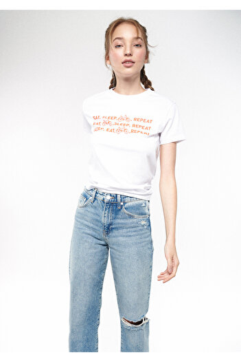 Mavi Eat Sleep Printed White T-shirt Regular Fit / Normal Cut 1611257-620