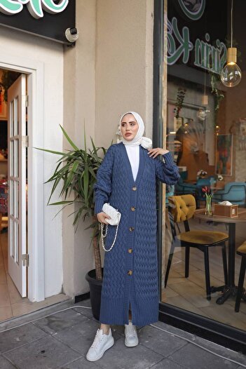 Pamuk Butik Γυναικεία Πλεκτά Πλεκτά Ζακέτα Μπλε με κουμπιά σε όλο το μήκος