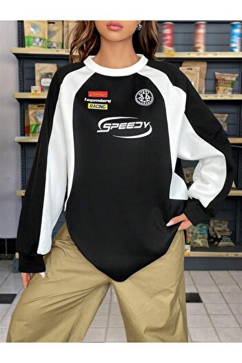 Touz Blunt Blunt Speedy Printed Line Detail Unisex Oversize Crew Neck Black Sweatshirt