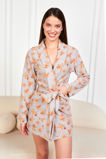 Ecrou Women's Gray Cookie Hooded Fleece Short Dressing Gown Pajama Set