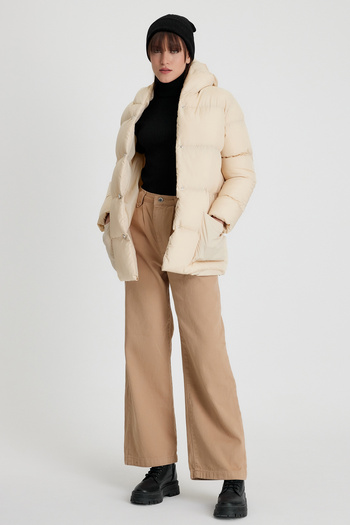 Tonny Black Women's Beige Monica Regular Cut Long Front Button Filled Waterproof Fabric Hooded Coat Tbg094
