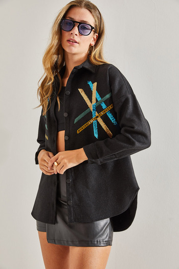 Bianco Lucci Women's Sequin Pallet Embroidered Stamp Shirt