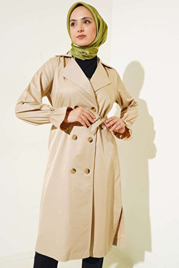 VOLT CLOTHİNG Women's Elastic Wrists Belted Trench Coat
