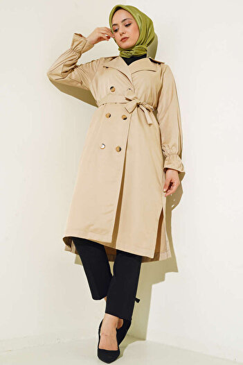 VOLT CLOTHİNG Women's Elastic Wrists Belted Trench Coat