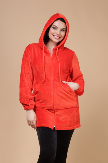 mervemoda Women's Coral Colored Set - Upper and Lower Velvet, Hood with Zipper, High Quality
