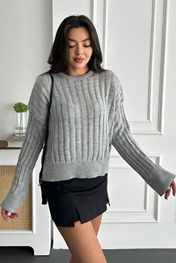 vuvutasarım Openwork Knitwear Fabric Design Long Sleeve Crew Neck Gray Sweater 2887